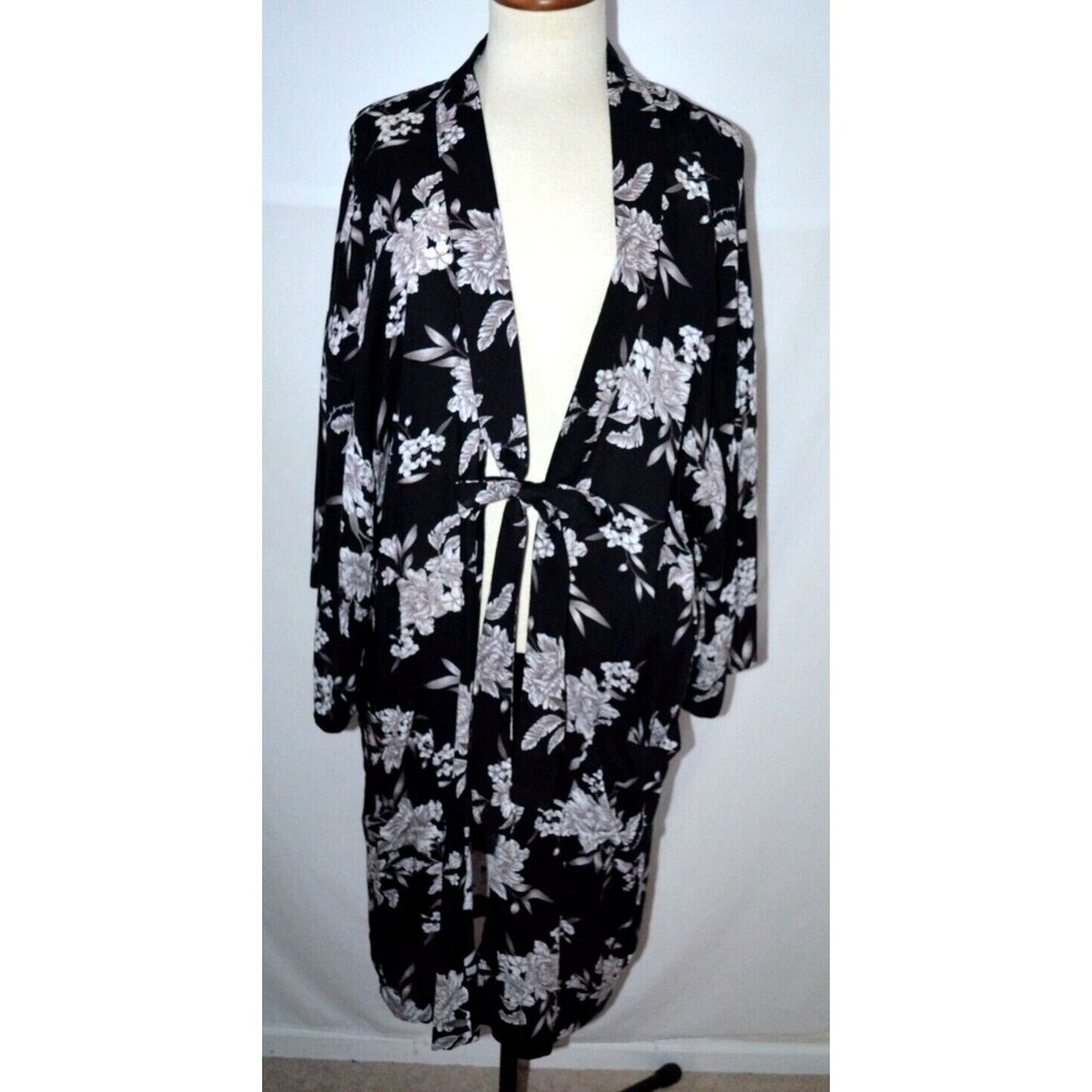 Spiritual Gangster Womens Kimono Top One Size Black Floral Robe Pockets Tie